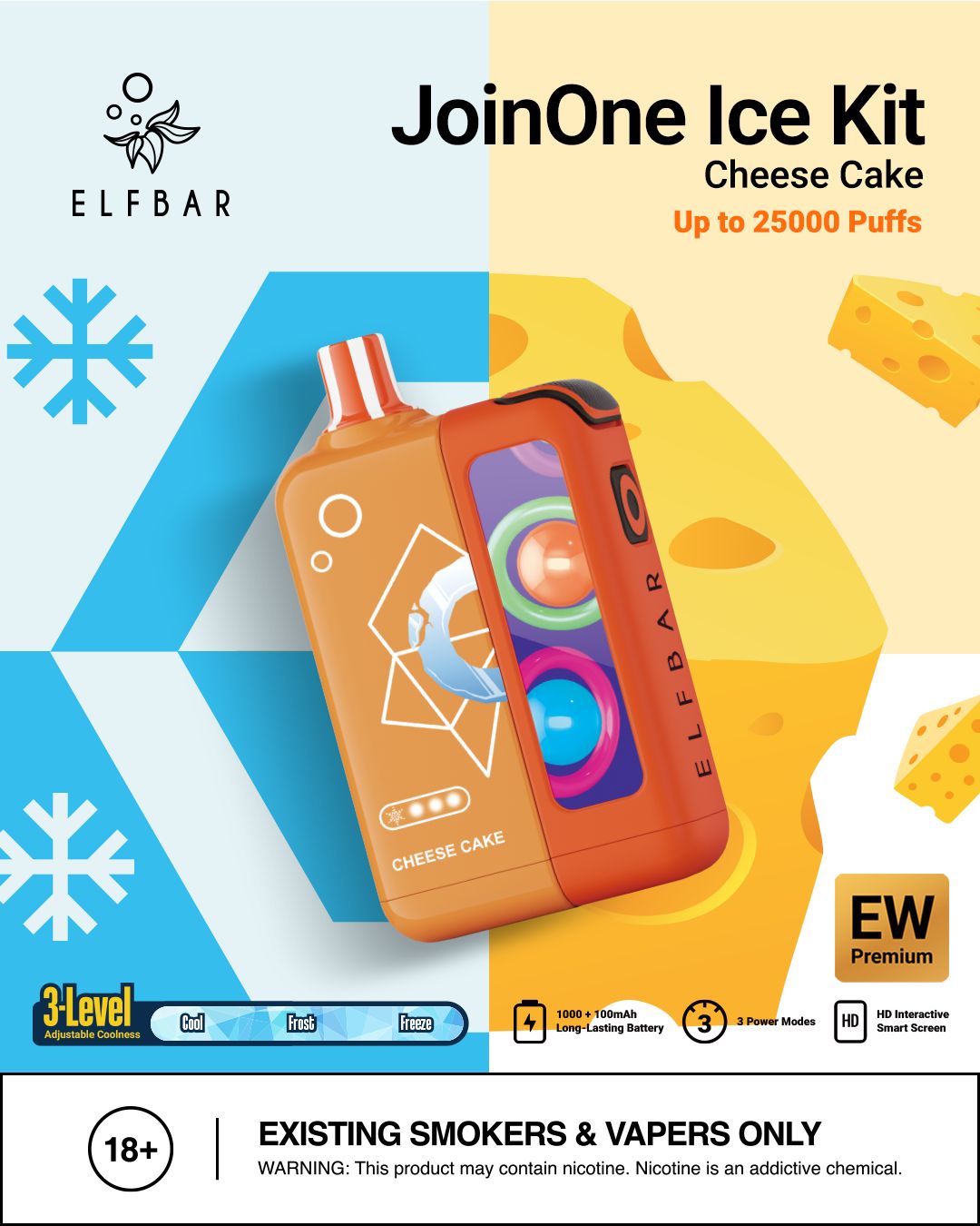 Elf Bar JoinOne Ice Kit Cheese Cake packaging with colorful design and text on a blue and yellow background.