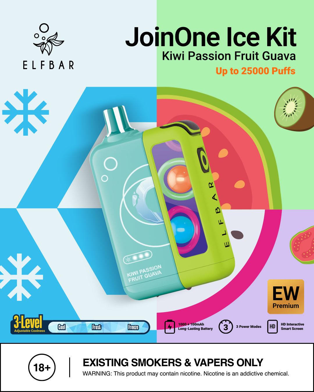 Elf Bar JoinOne Ice 25000 Puffs Disposable Vape Kiwi Passion Fruit Guava Flavor