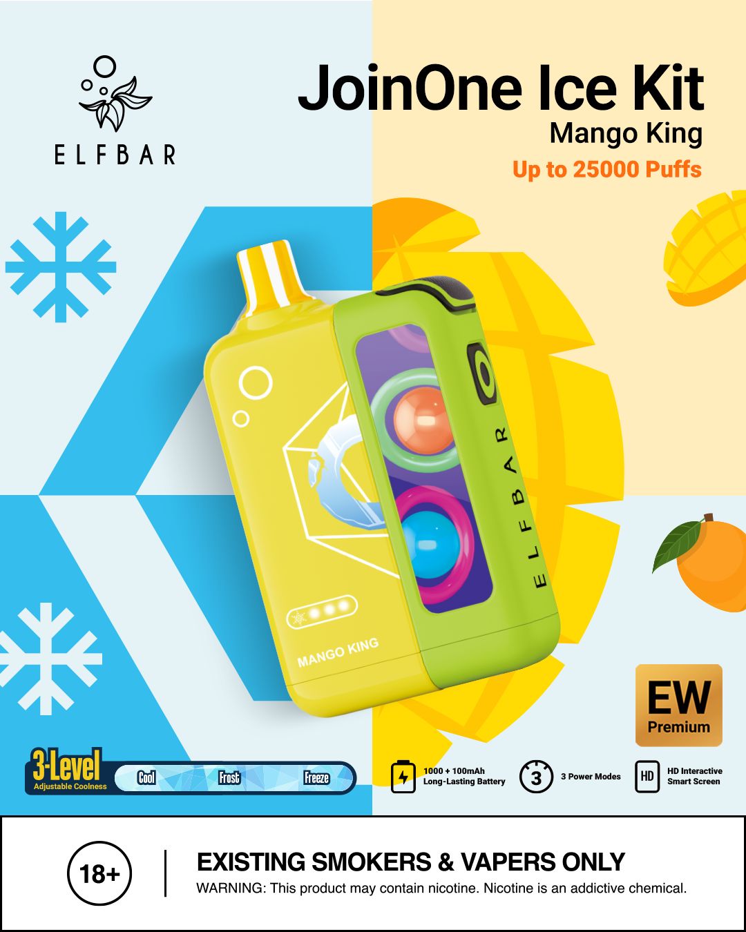 Elf Bar JoinOne Ice Kit packaging with yellow and green devices on a colorful background.