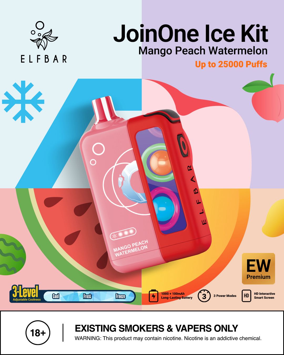 Elf Bar Ice Kit packaging for Mango Peach Watermelon flavor with colorful design and product images.