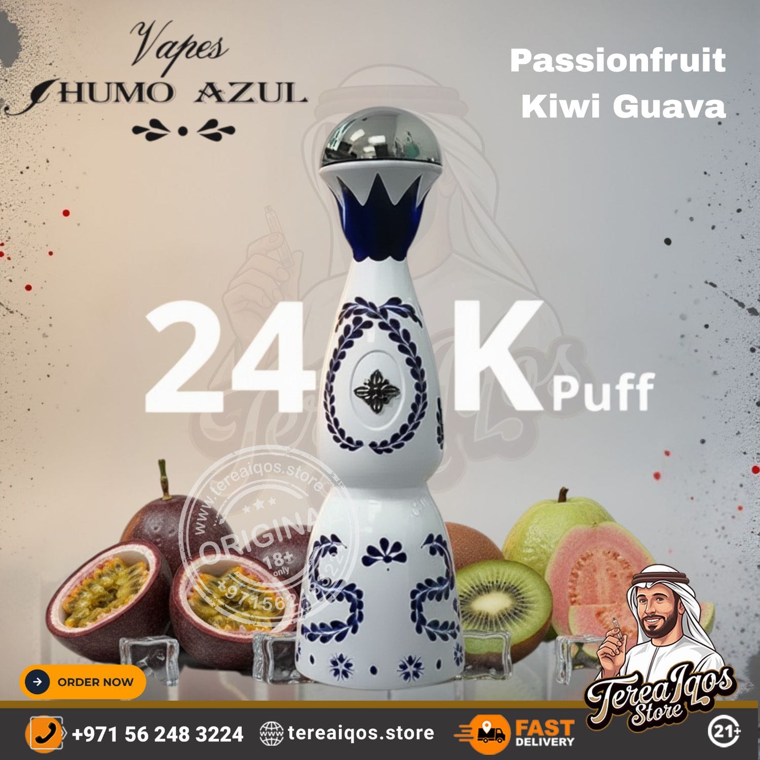 HUMO AZUL 24000 Puff Rechargeable Disposable Vape device with fruit graphics and branding text on a textured background