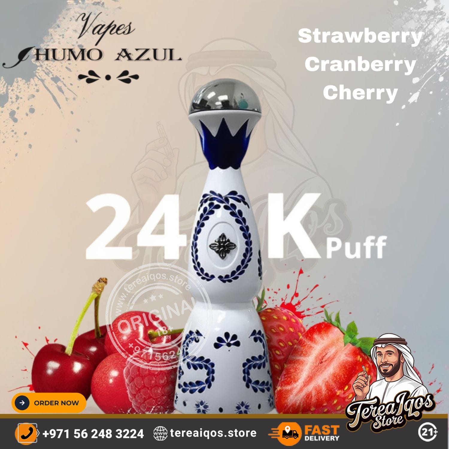 HUMO AZUL 24000 Puff Rechargeable Disposable Vape device with strawberry, cranberry, and cherry graphics on a beige background