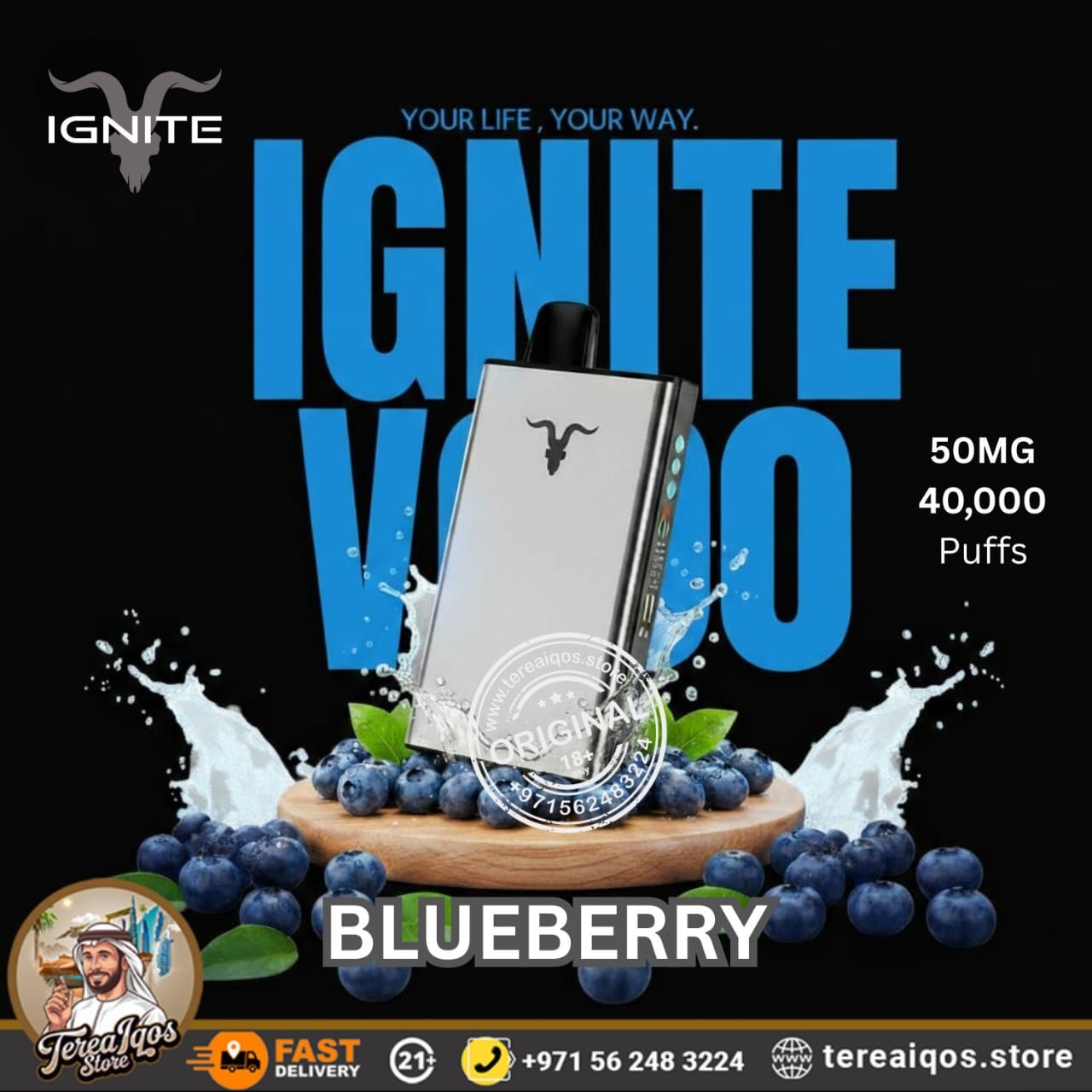 IGNITE V400 40,000 Puffs Ice Rechargeable Disposable Vape Blueberry Flavor