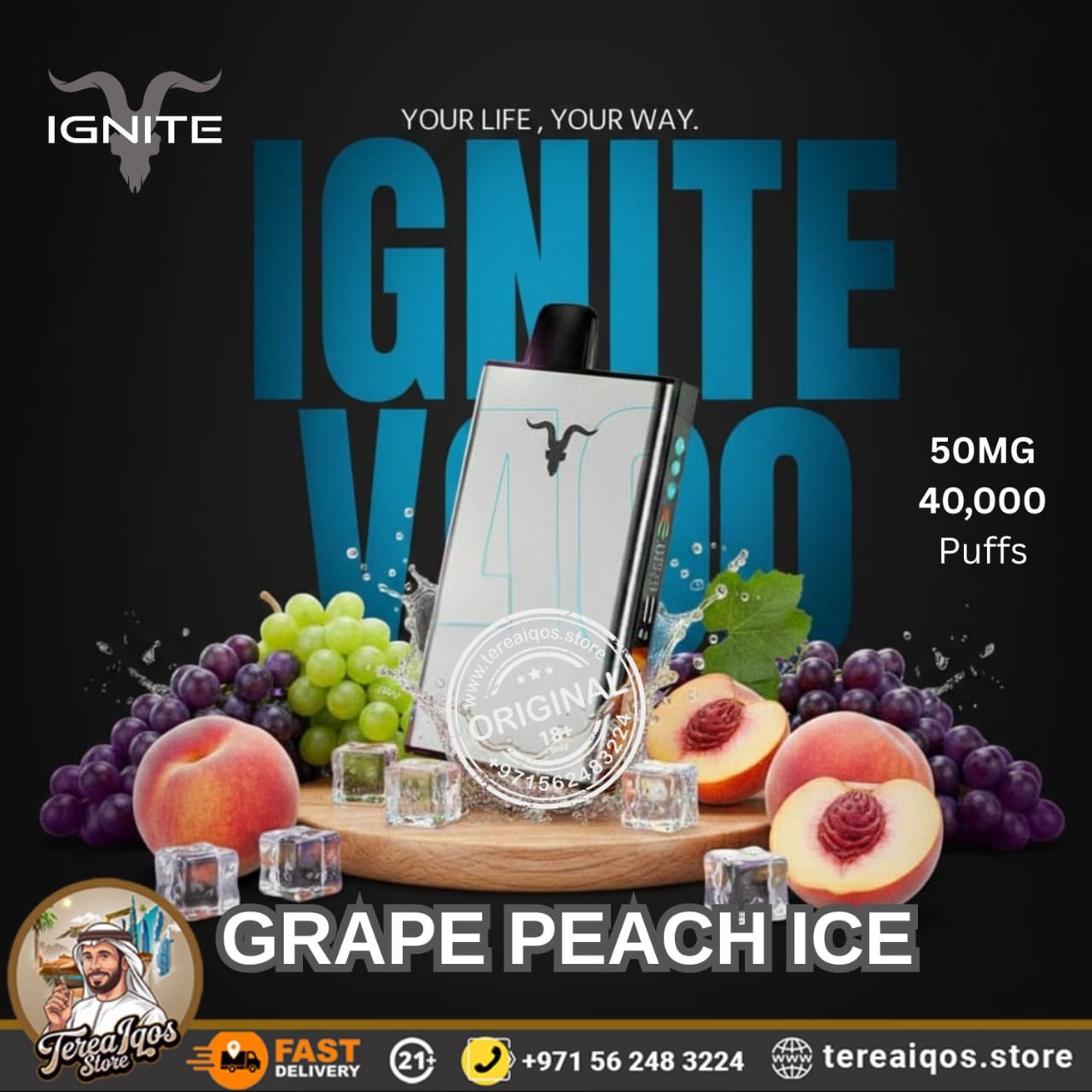 IGNITE V400 40,000 Puffs Ice Rechargeable Disposable Vape Grape Peach Ice flavor
