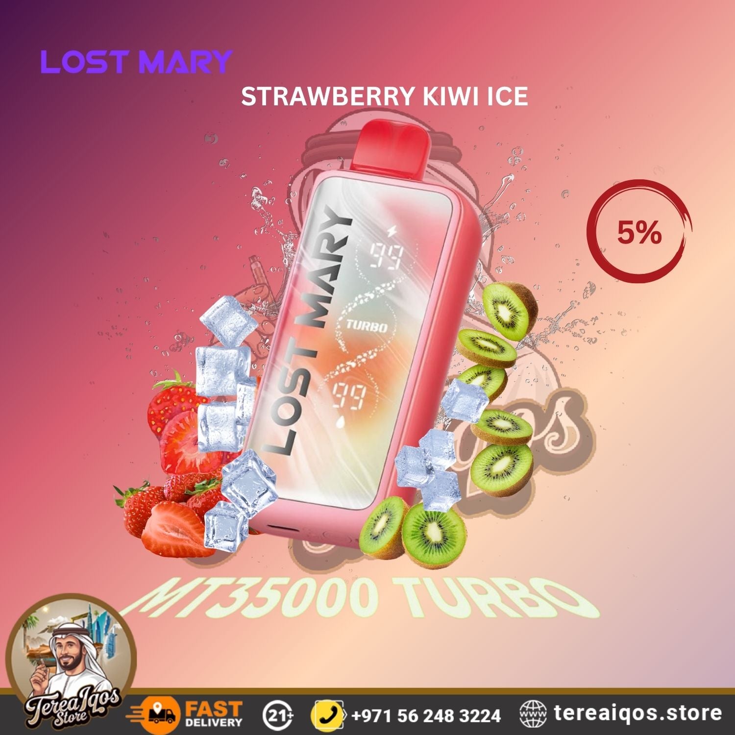 Lost Mary Strawberry Kiwi Ice vape device with fruits and ice on a pink background