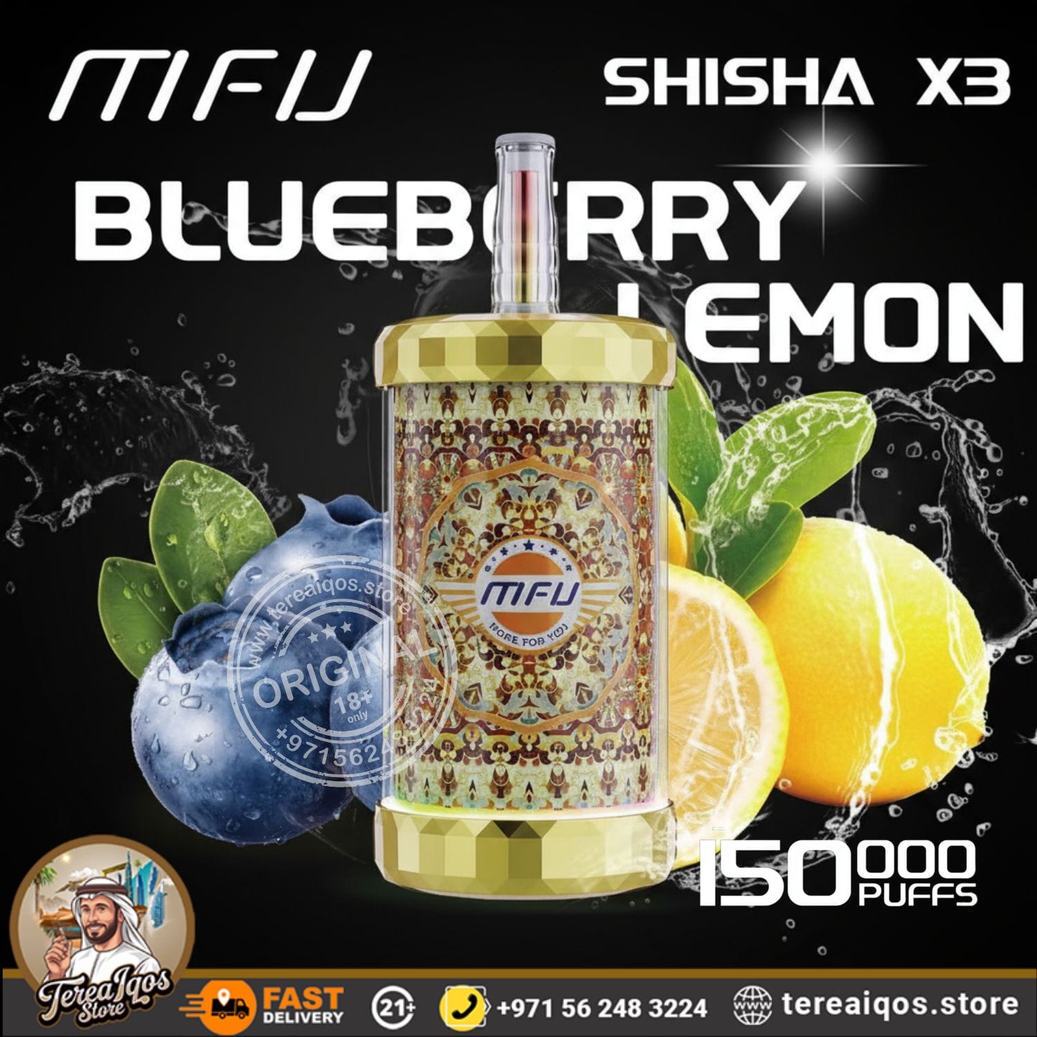 Tugboat Mini vape device with blue and white design, surrounded by blueberries and lemon slices on a black background.