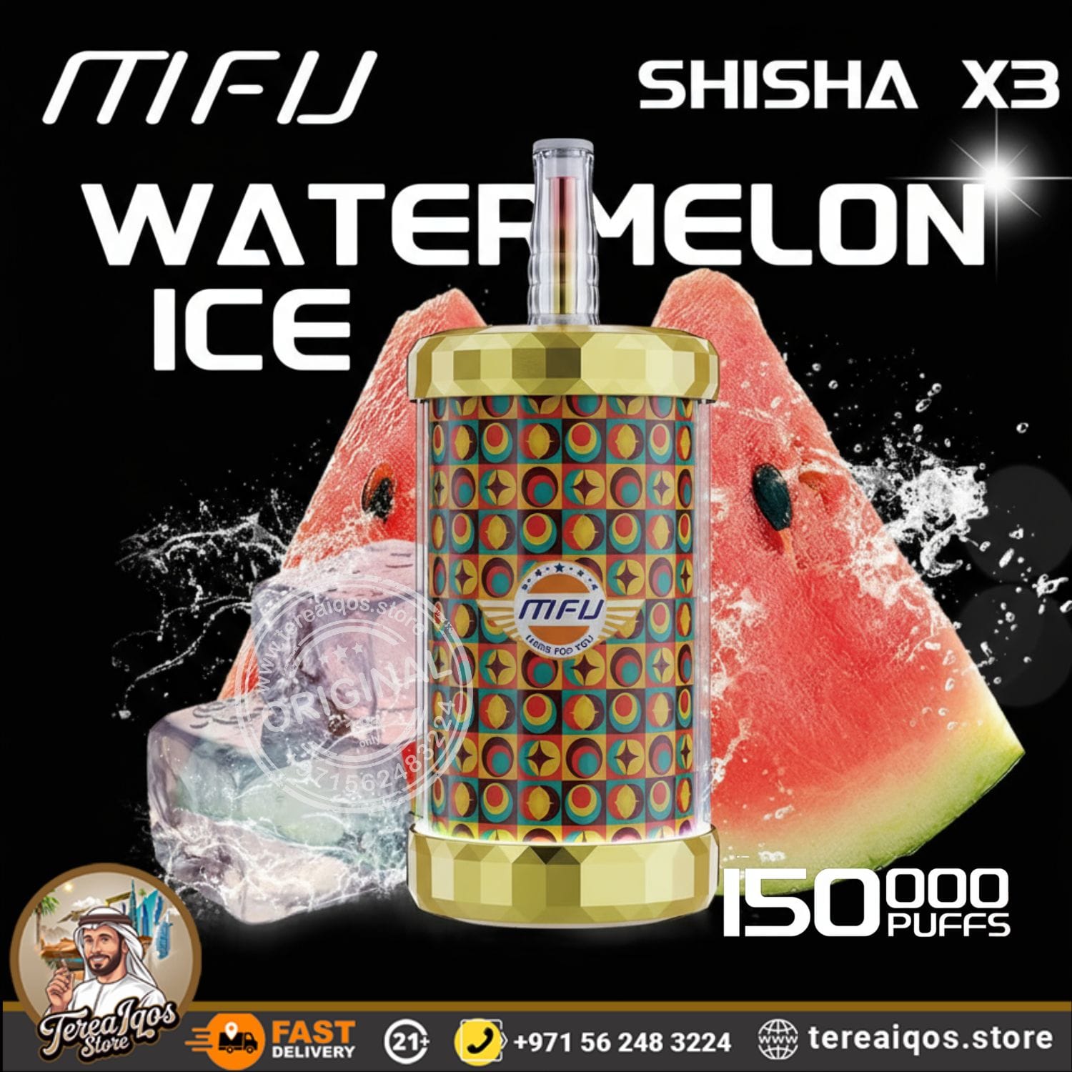 Shisha X3 with watermelon ice flavor and colorful pattern on a black background