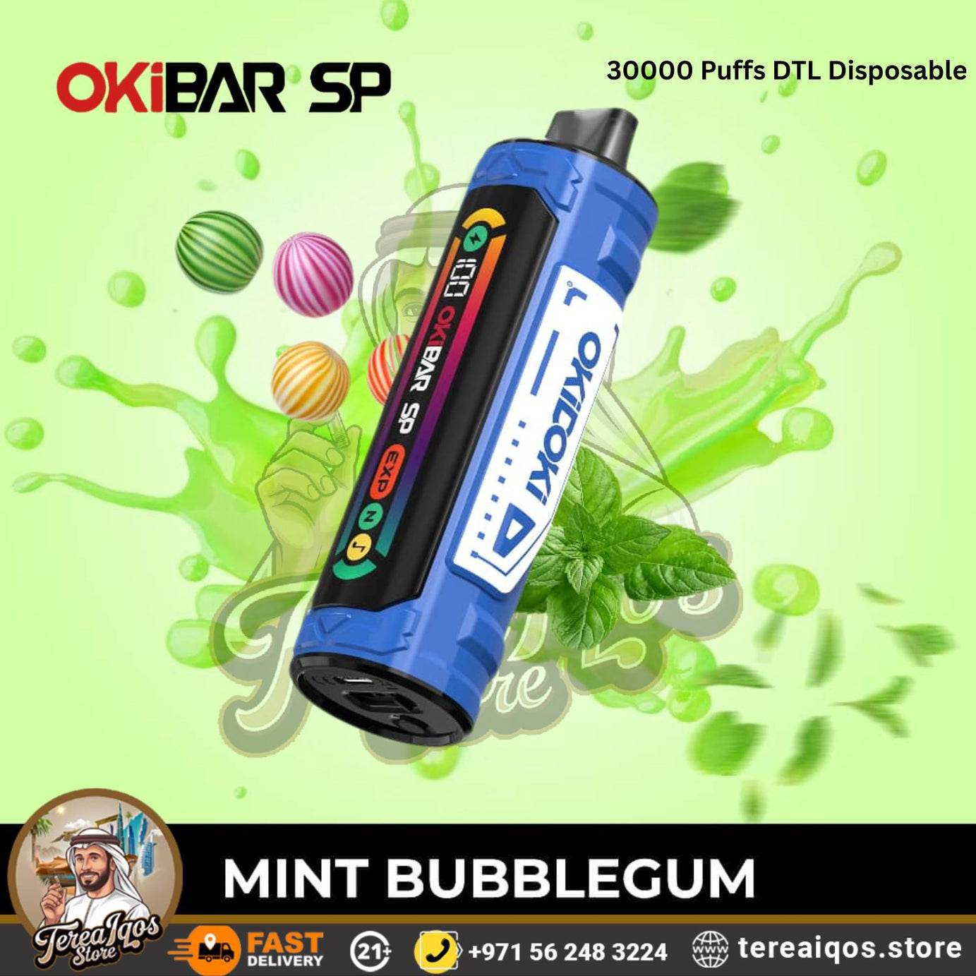 OKIBAR SP disposable vape device with mint bubblegum flavor