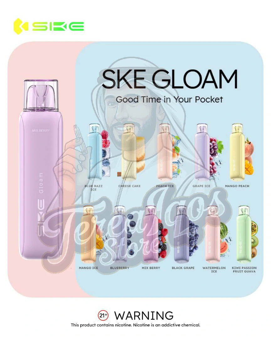 SKE Gloam vape device packaging with various flavors on a white background