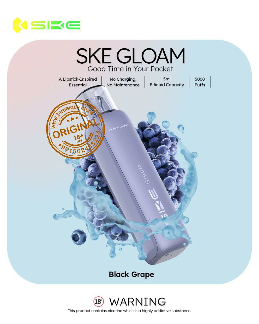 SKE Gloam vape device packaging with black grape flavor on a light blue background