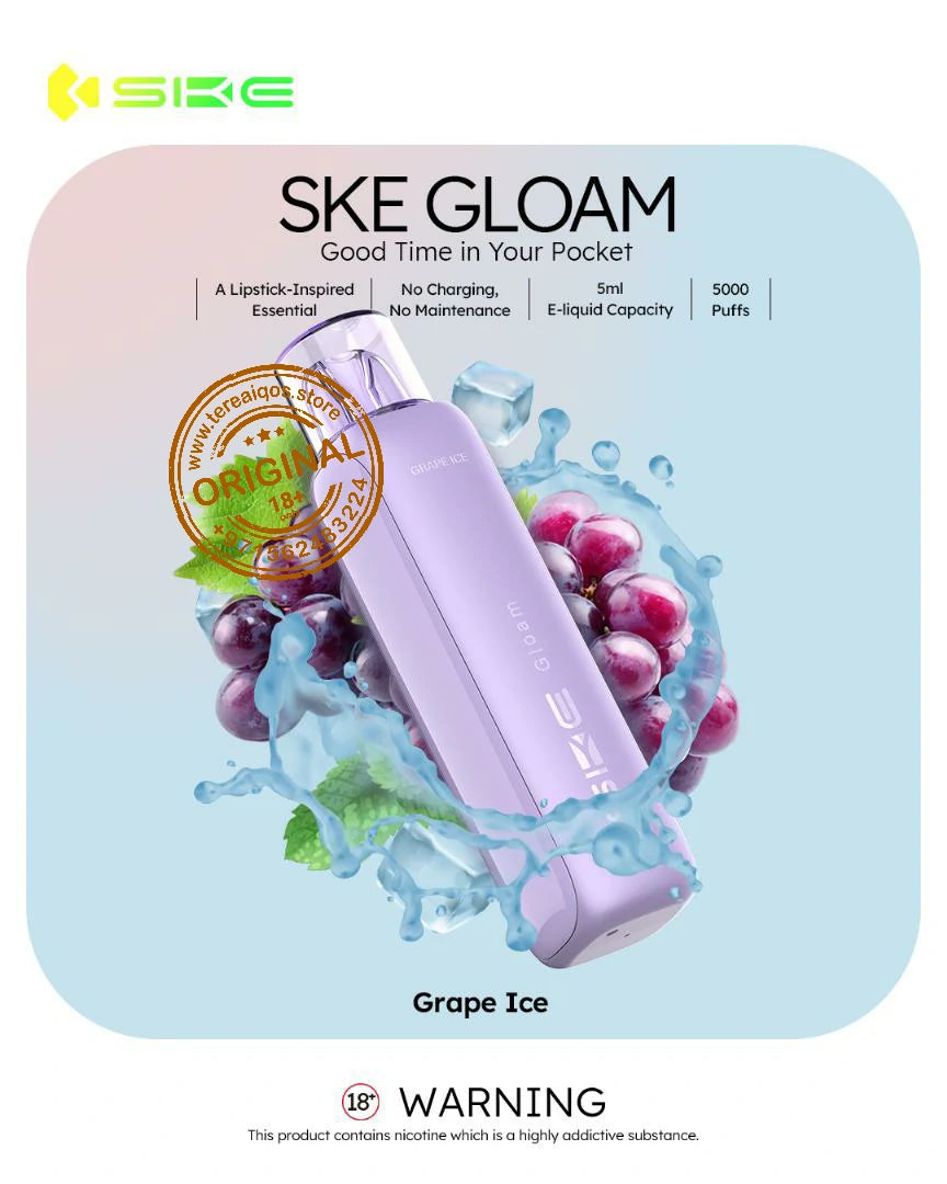 SKE Gloam vape device with grape ice flavor on a light blue background