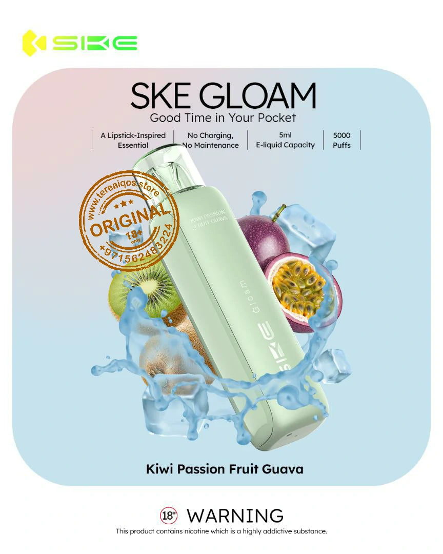 SKE Gloam vape device packaging with kiwi, passion fruit, and guava graphics on a light blue background.