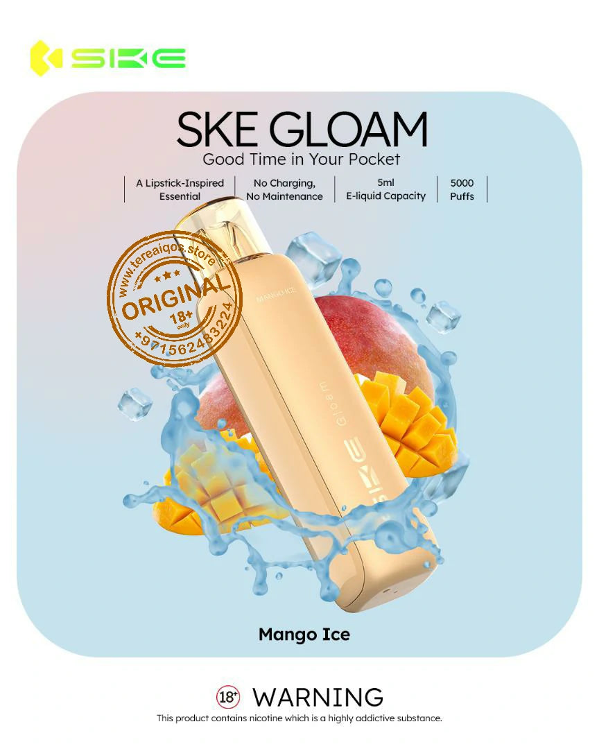 SKE Gloam vape device packaging with mango ice flavor on a light blue background