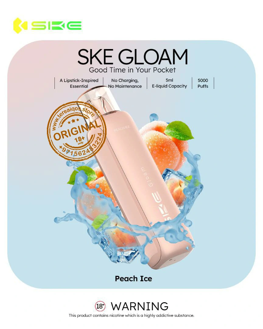 SKE Gloam vape device packaging with peach ice flavor on a light blue background