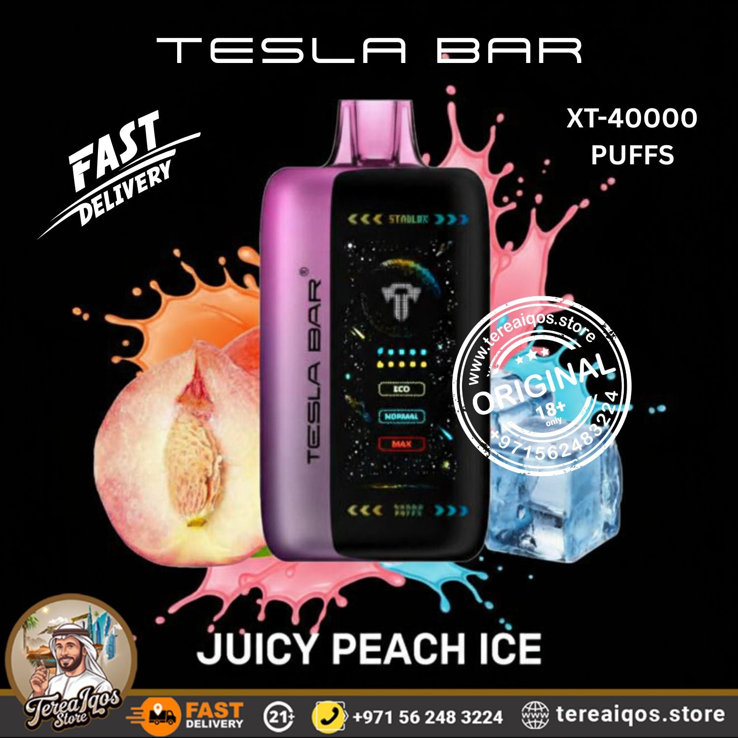Tesla Bar vape device with 'Juicy Peach Ice' flavor