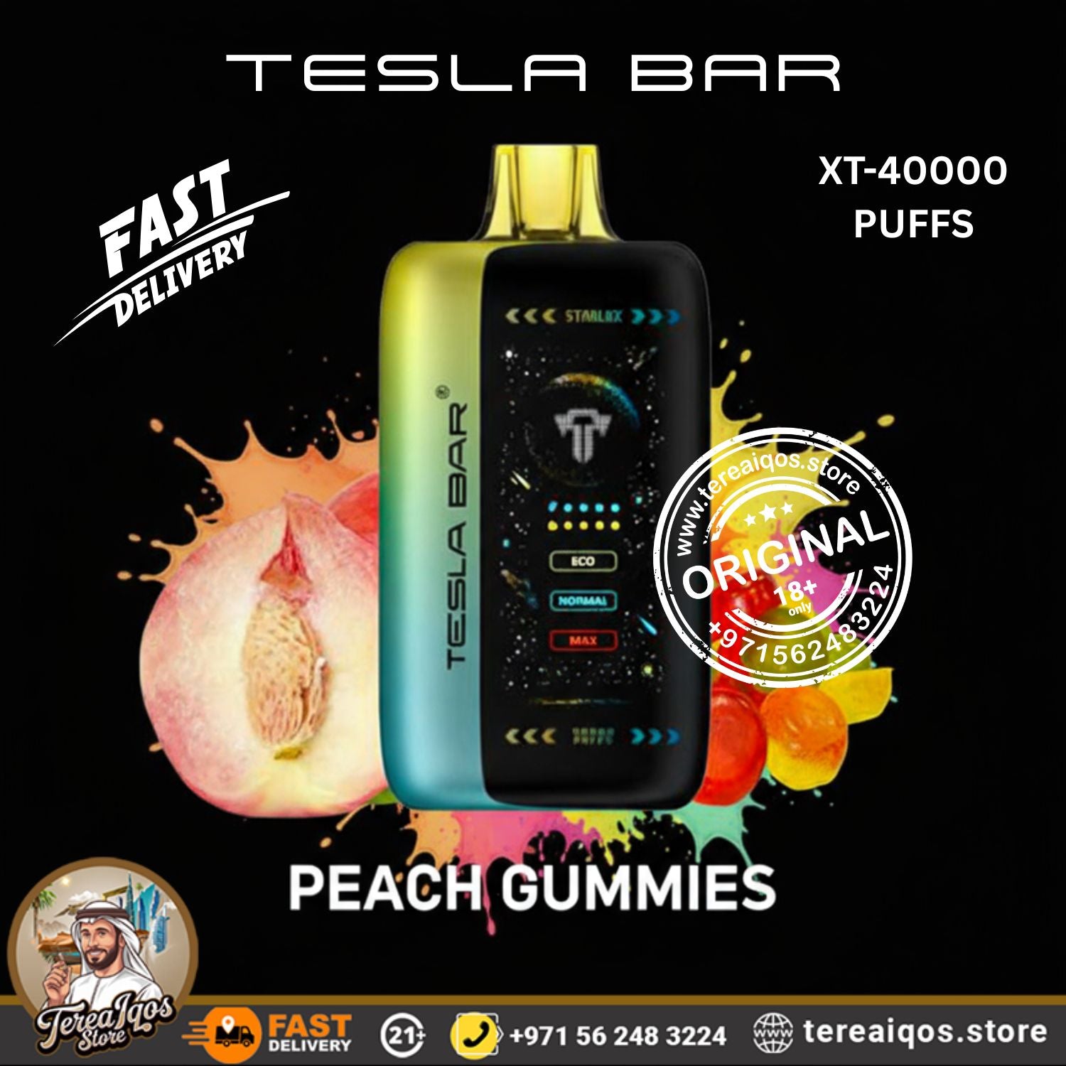 Tesla Bar vape device with peach gummies flavor