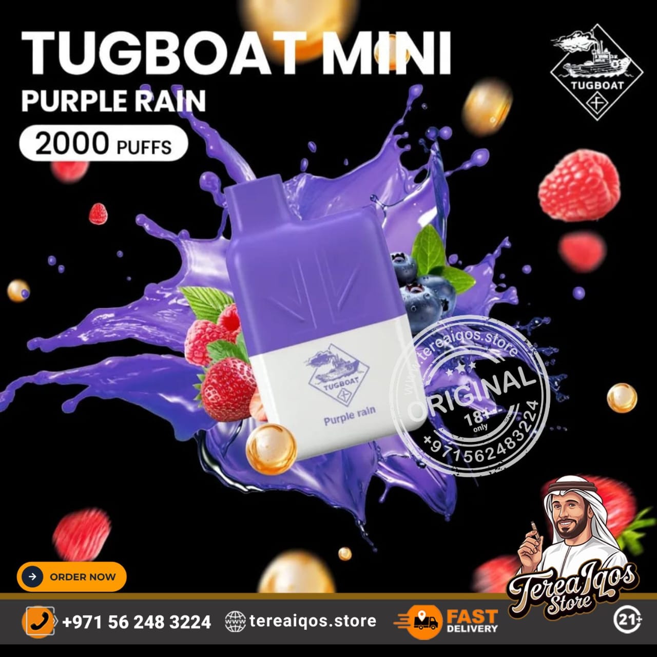 Tugboat Mini vape device with purple and white design, surrounded by fruit graphics and promotional text.