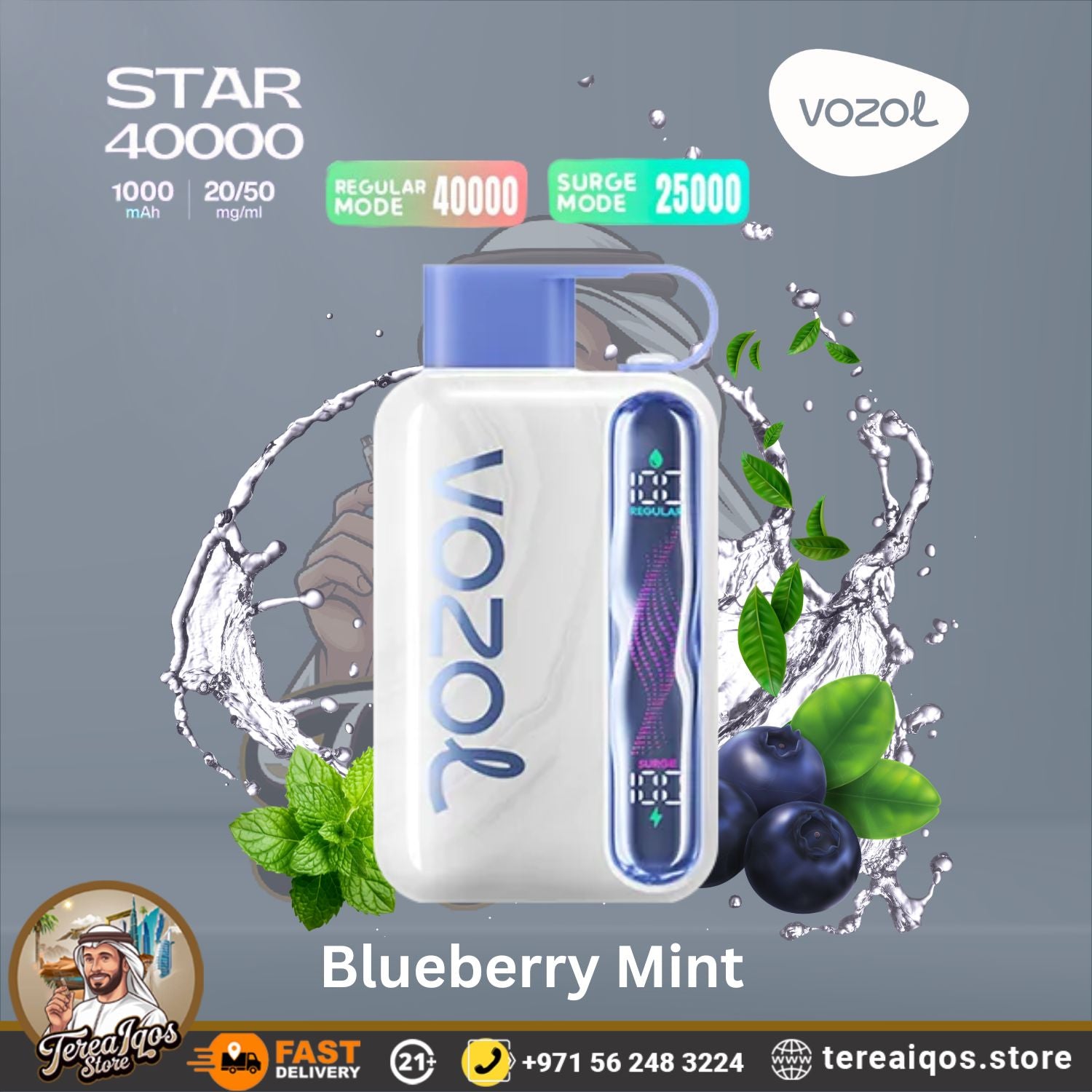 VOZOL Star 40000 vape device with blueberry mint flavor