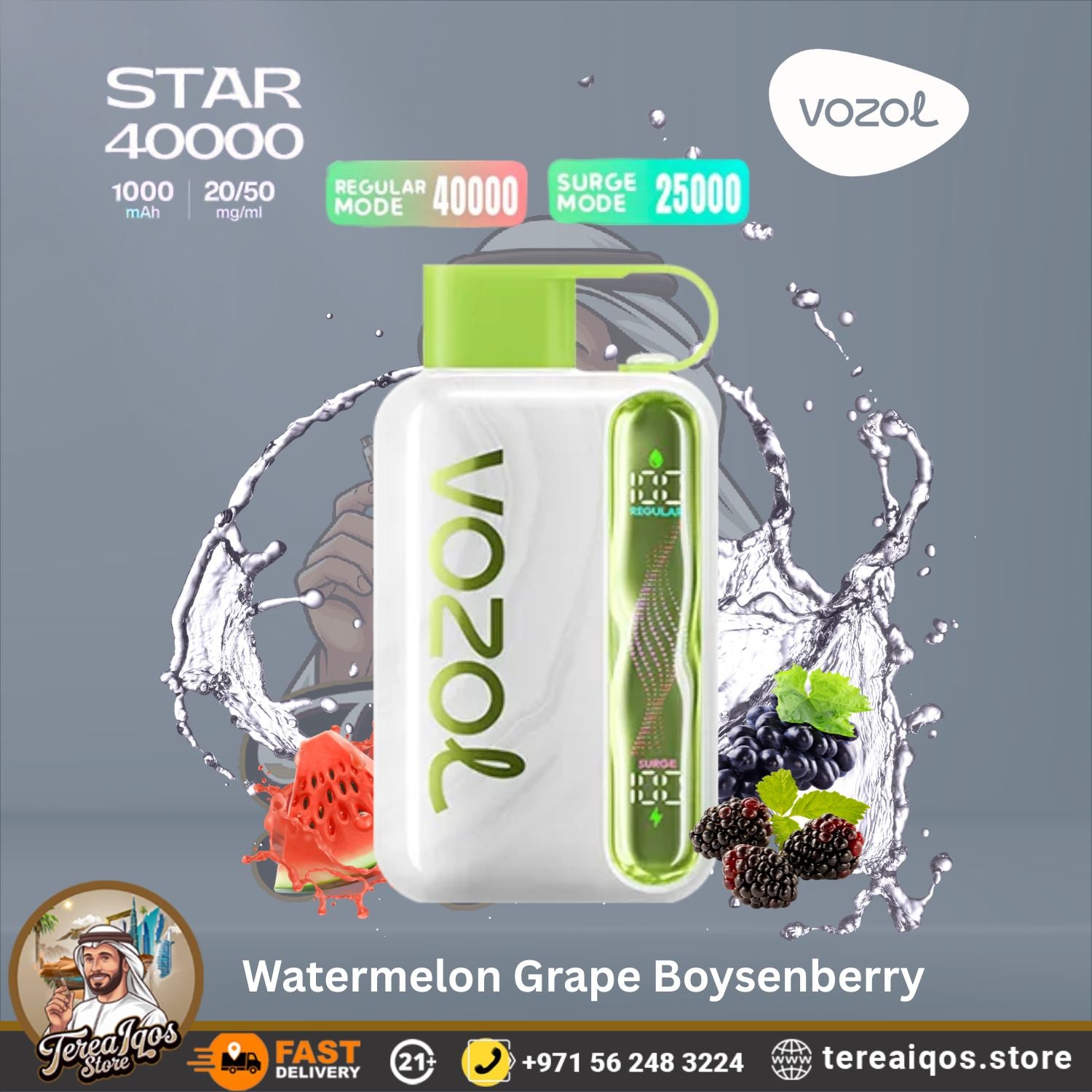 VOZOL Star 40000 vape device with Watermelon Grape Boysenberry flavor