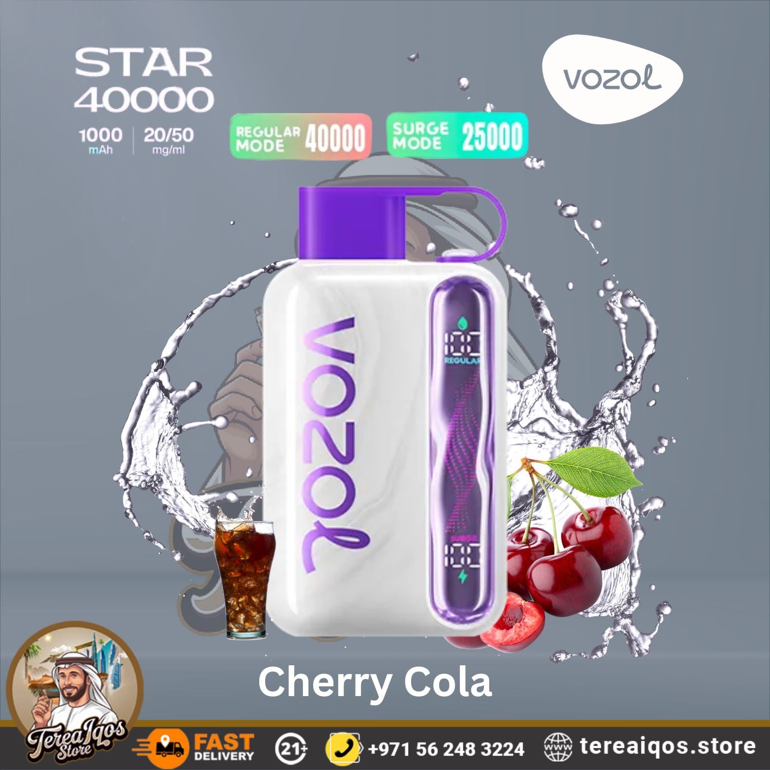 VOZOL Star 40000 vape device with cherry cola flavor.