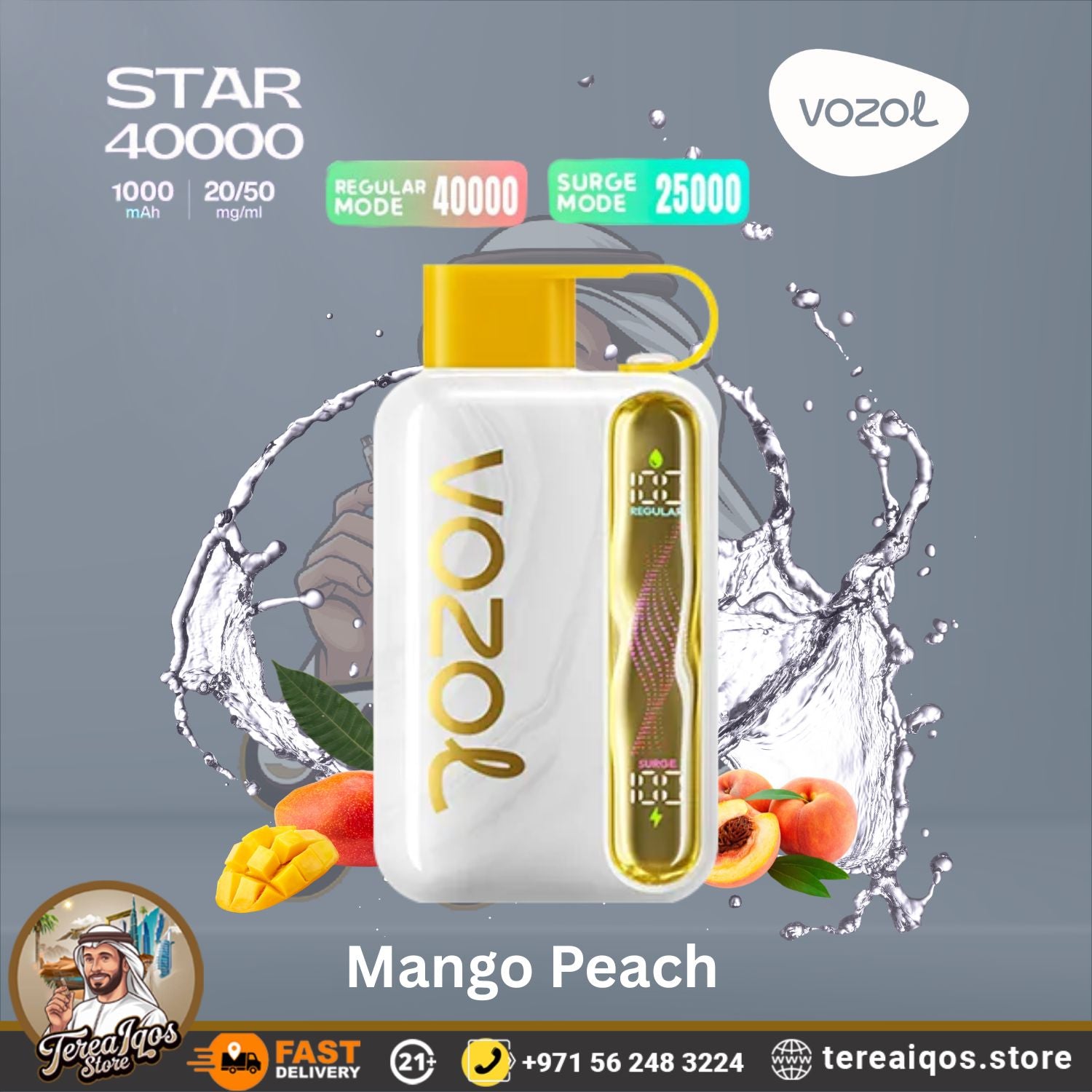 VOZOL Star 40000 vape device with mango peach flavor