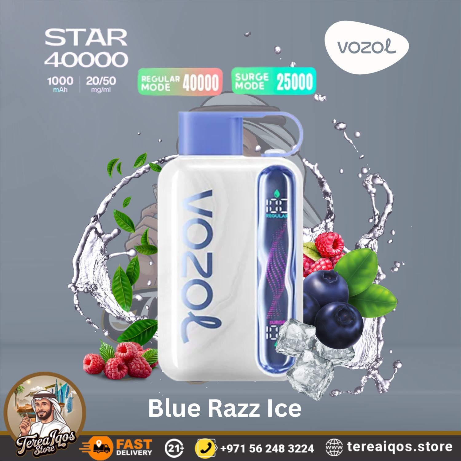 VOZOL Star 40000 vape device with blue razz ice flavor