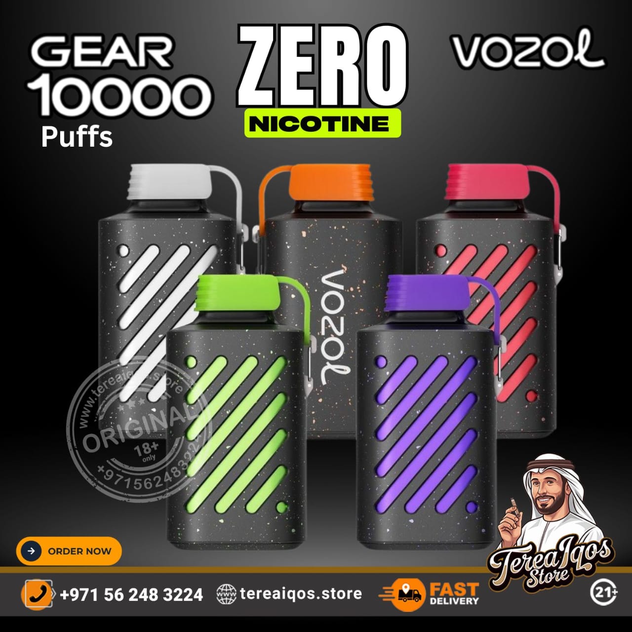 Vozol vape devices with colorful lids on a black background, featuring branding and contact information.