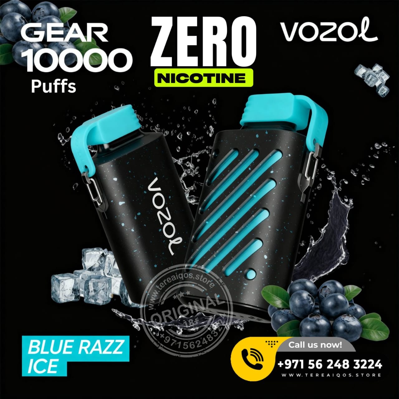VOZOL vaping device with blue accents on a black background with ice cubes and blueberries.