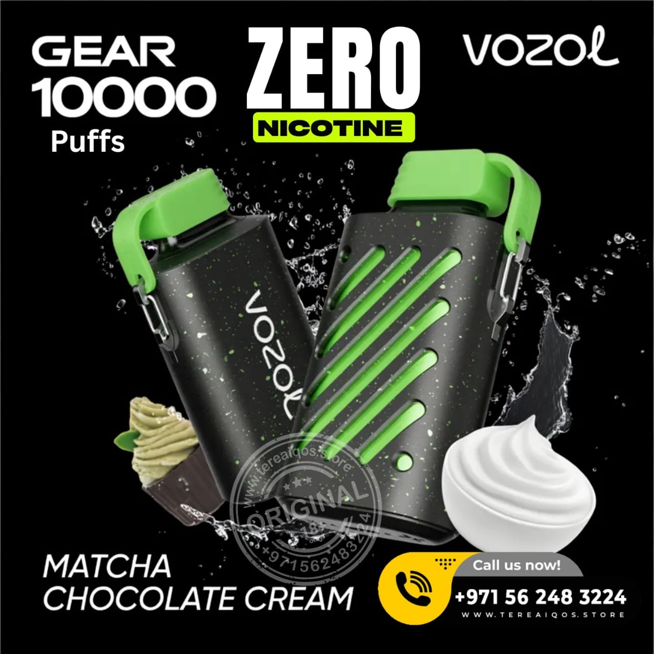 VOZOL vaping device with green accents on a black background, featuring branding and product details.