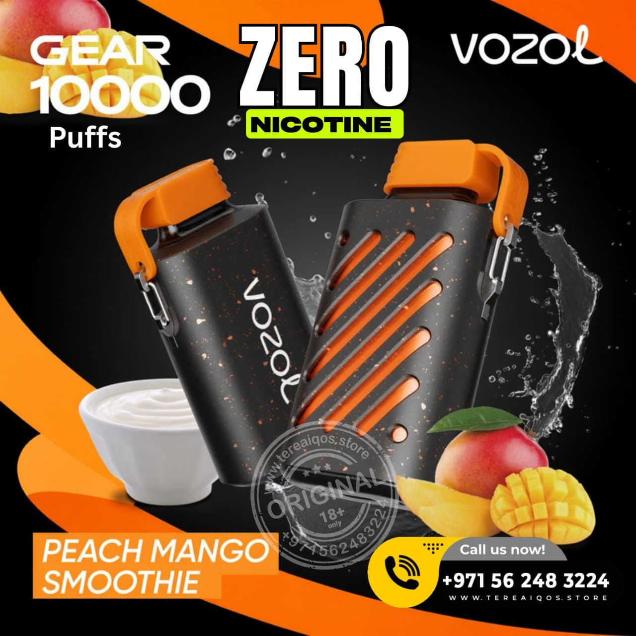 VOZOL vaping device with peach mango smoothie flavor on a colorful background