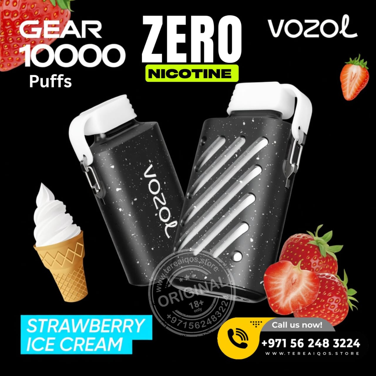 VOZOL vaping device with strawberry ice cream and strawberry graphics on a black background
