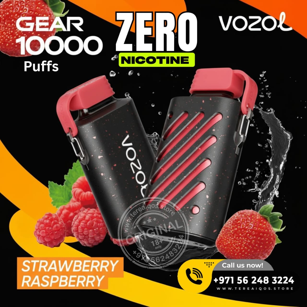 VOZOL vaping device with strawberry and raspberry graphics on a black background