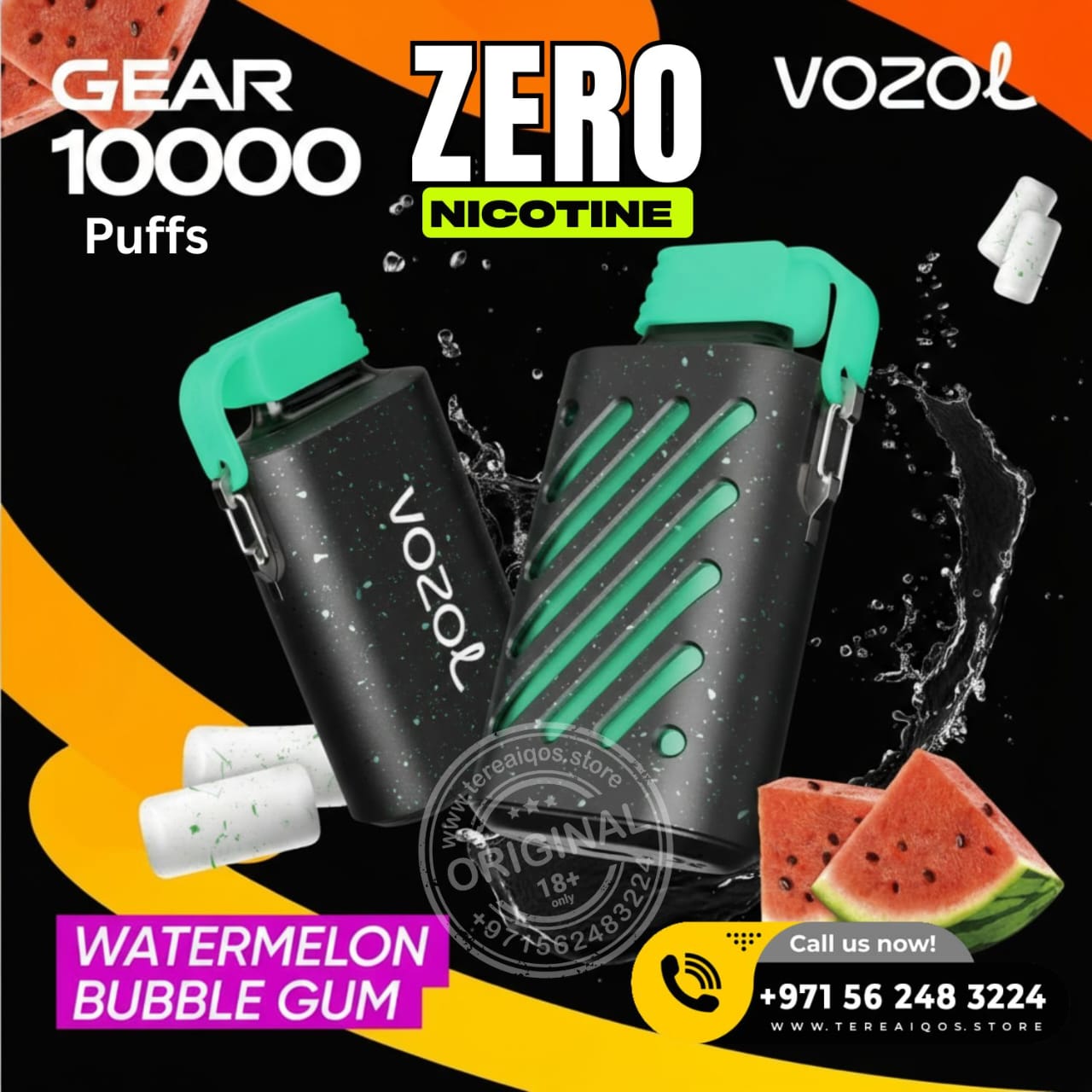 VOZOL vaping device with watermelon bubble gum flavor on a colorful background