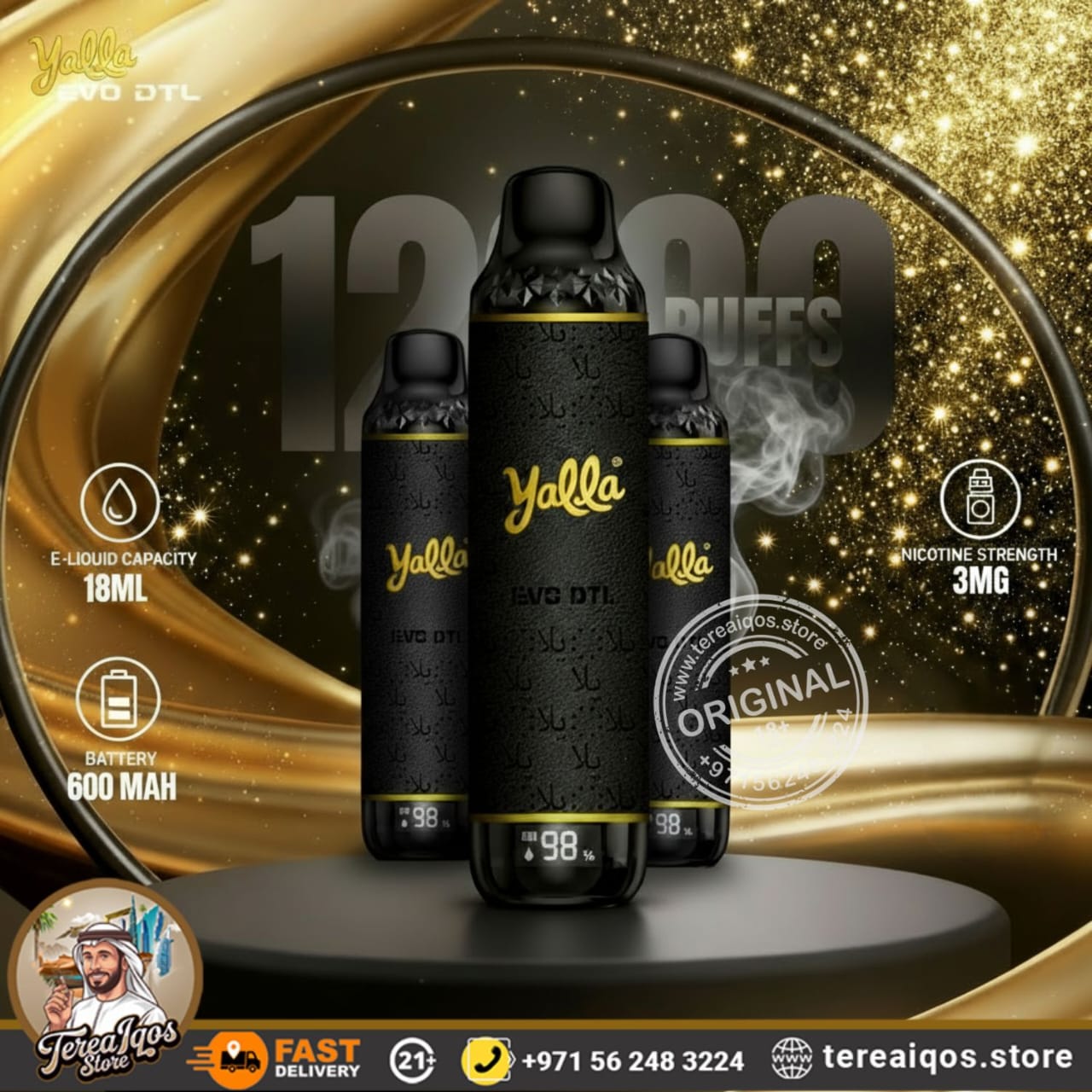Yalla vape devices with branding and product details on a decorative background