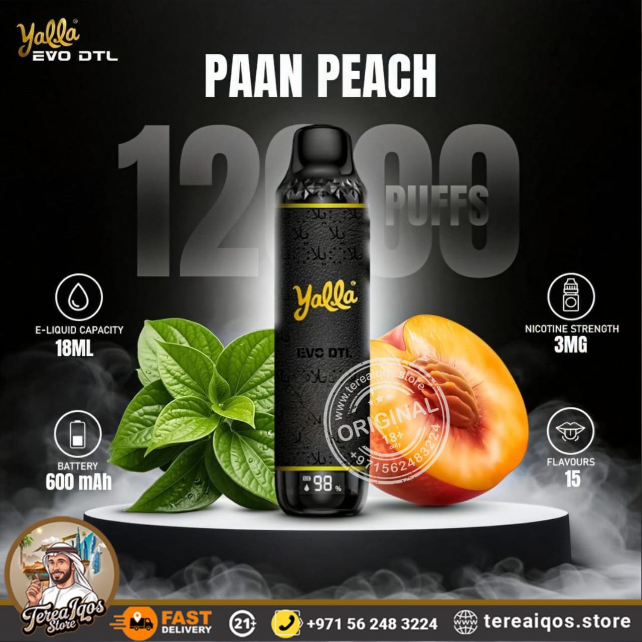 Yalla EVO DTL 12000 Puffs Disposable Vape Paan Peach Flavor