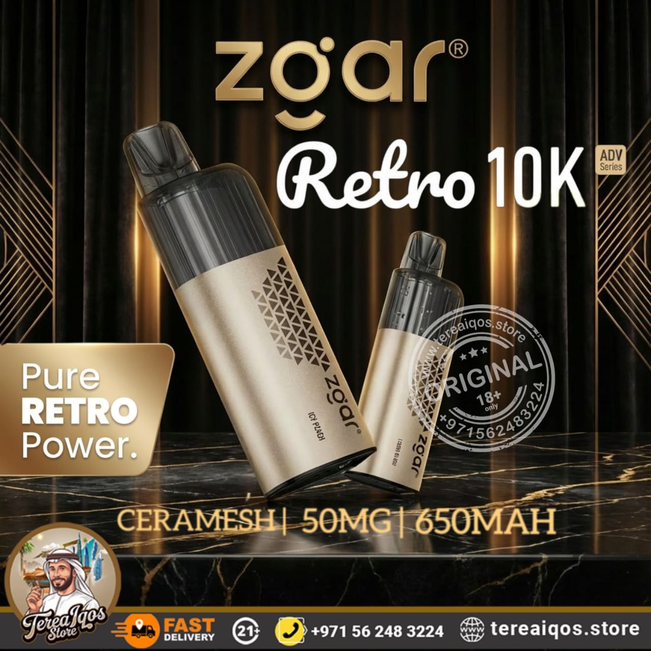 Zgar Retro 10K vaping device with branding and product details on a dark background