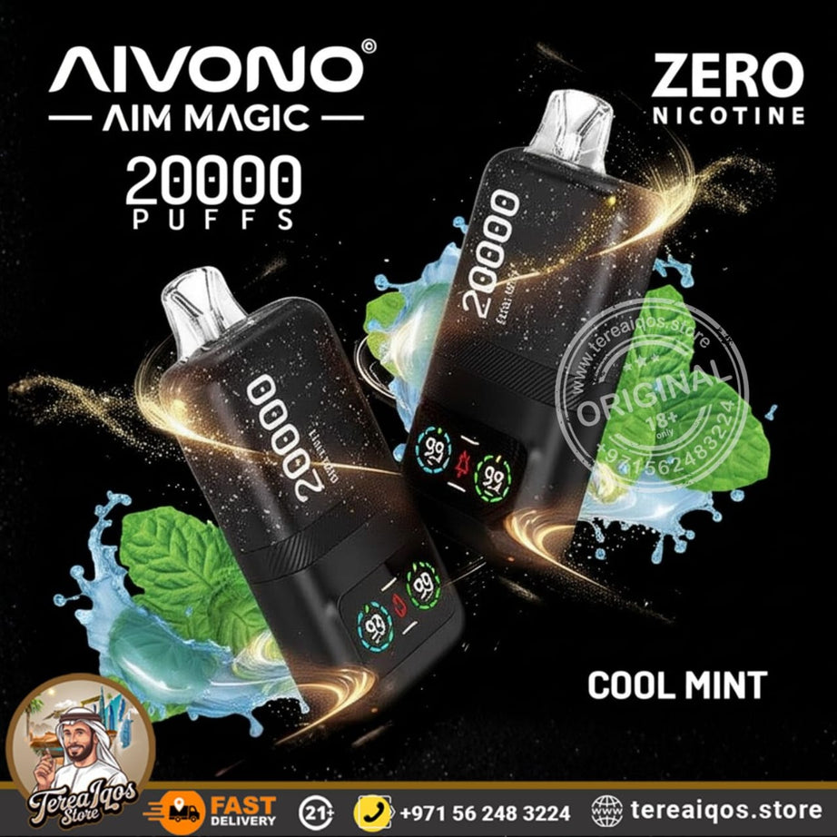 Aivono Aim Magic vape device with 'Zero Nicotine' and 'Cool Mint' flavor on a dark background.
