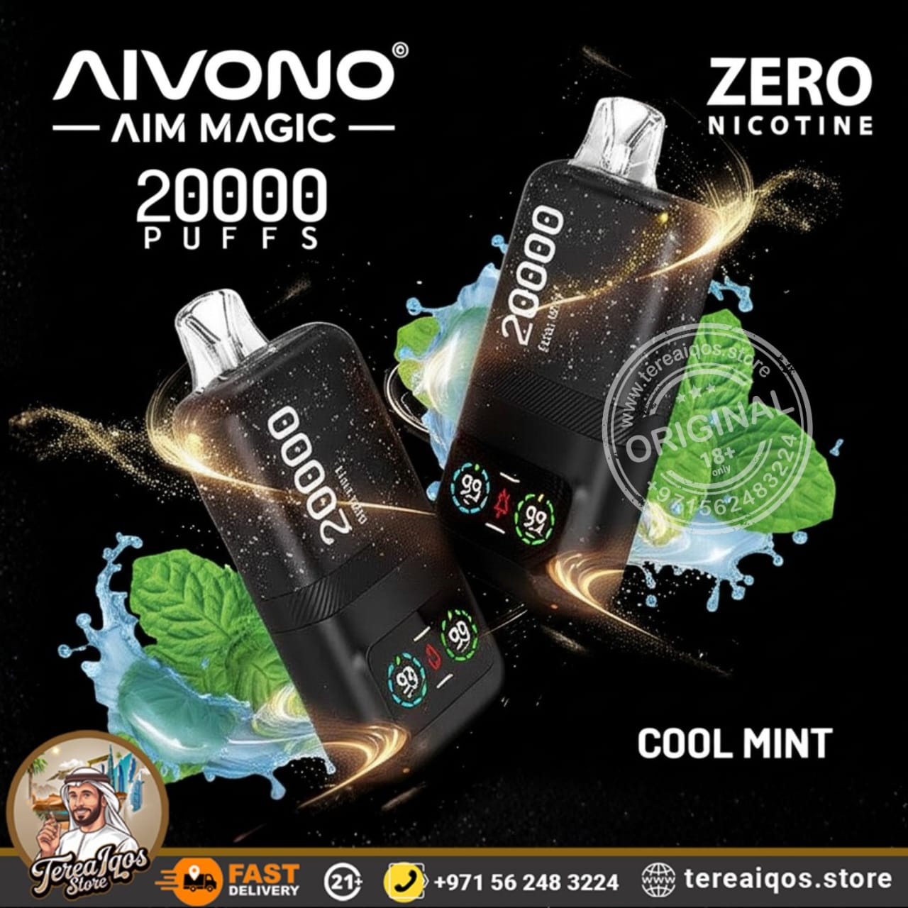 Aivono Aim Magic vape device with 'Zero Nicotine' and 'Cool Mint' flavor on a dark background.