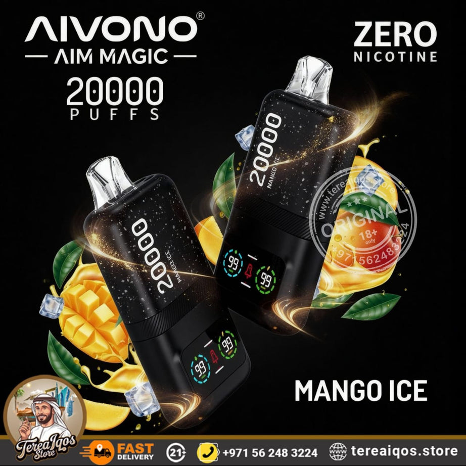 Aivono Aim Magic vape device with mango ice flavor on a black background