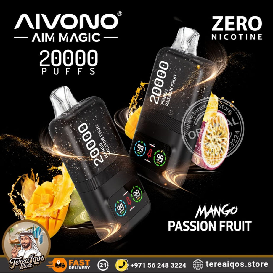 Aivono vape device with mango and passion fruit flavor on a black background