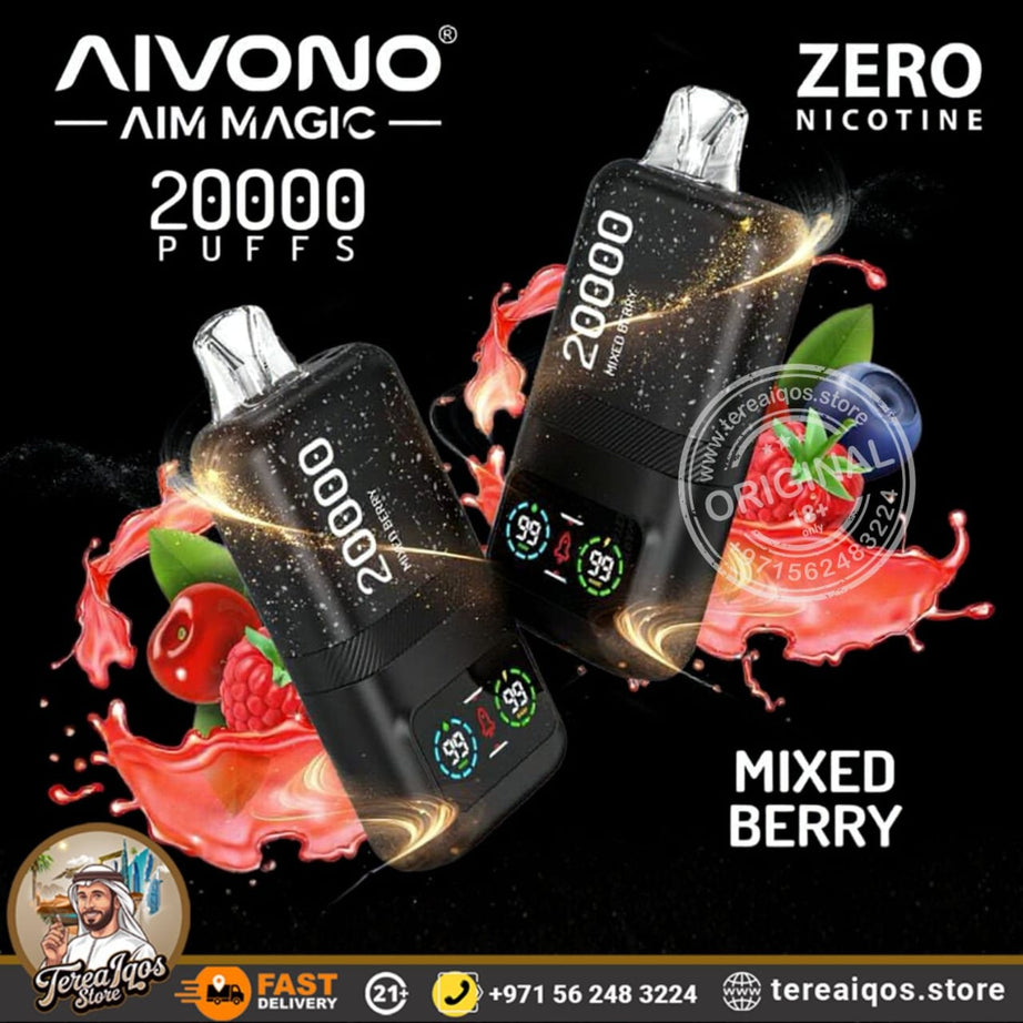 Aivono Aim Magic vape device with 'Zero Nicotine' and 'Mixed Berry' flavor on a black background.