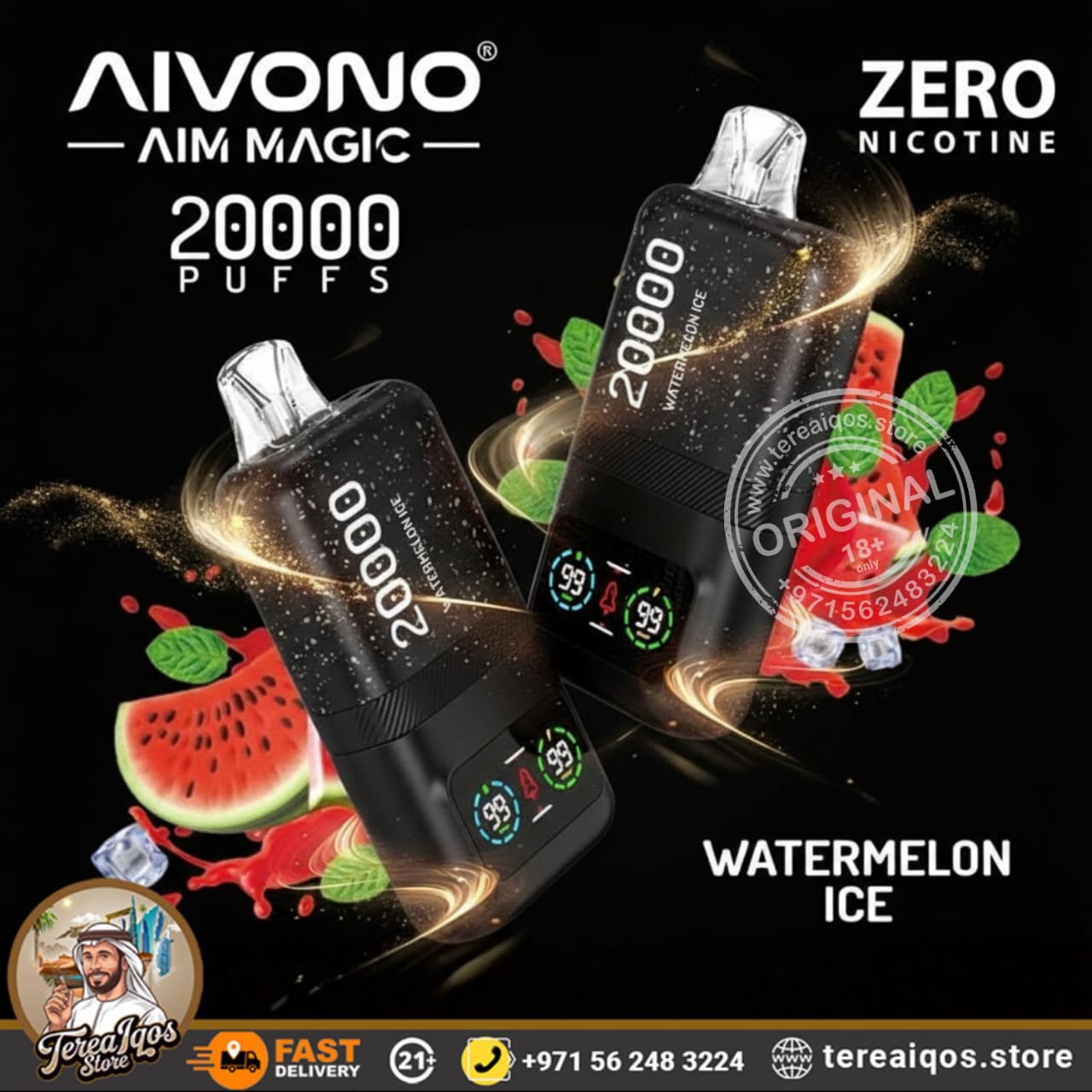 Aivono Aim Magic vape device with watermelon ice flavor on a black background