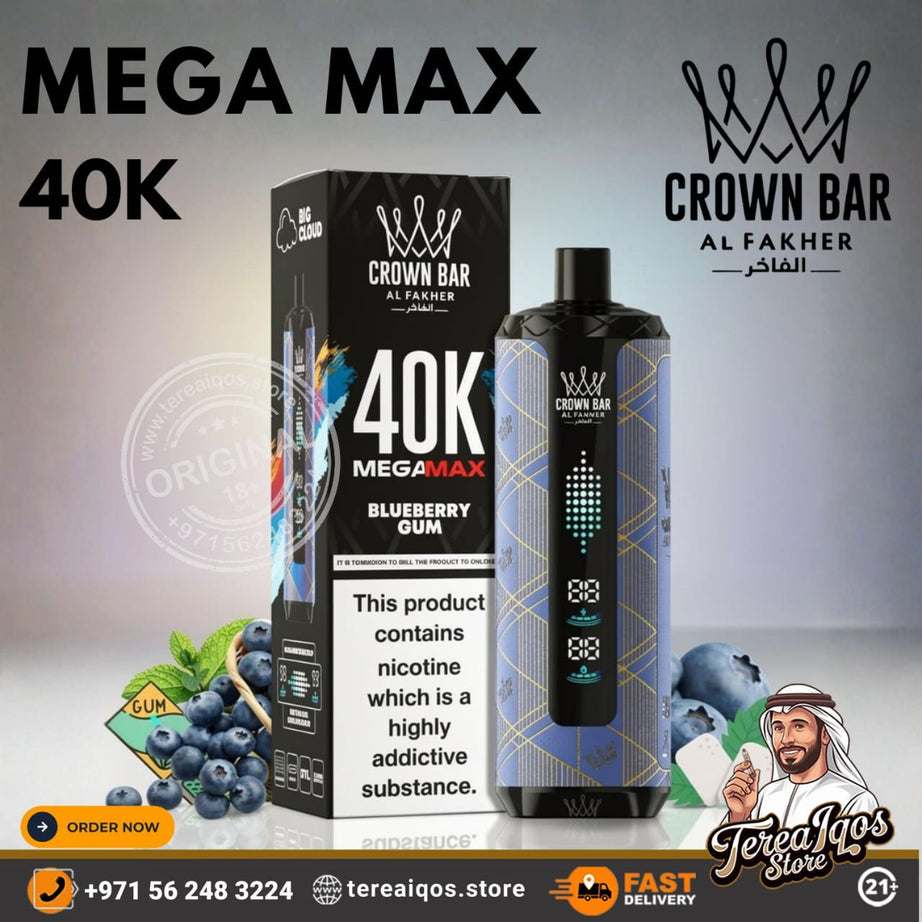 Crown Bar Mega Max 40K vape device and packaging with branding and product details.