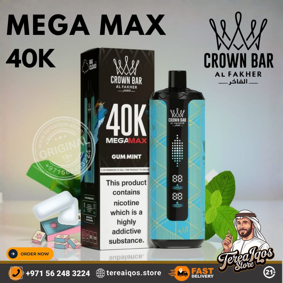 Crown Bar Al Fakher vape device and packaging with branding and product details.