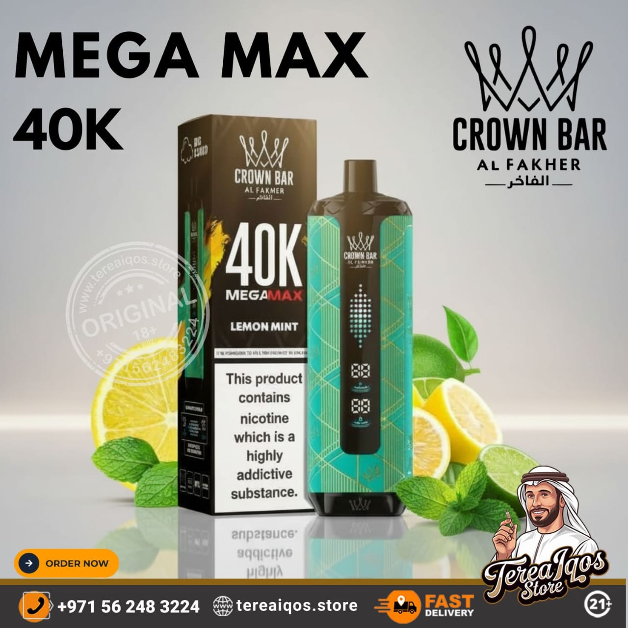 Crown Bar Mega Max 40K vape product with packaging and lemon mint leaves on a light gray background.