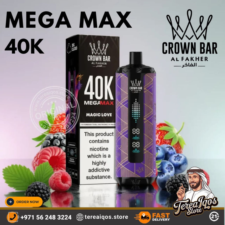 Crown Bar Mega Max 40K vape device and packaging with branding and product details on a light gray background.