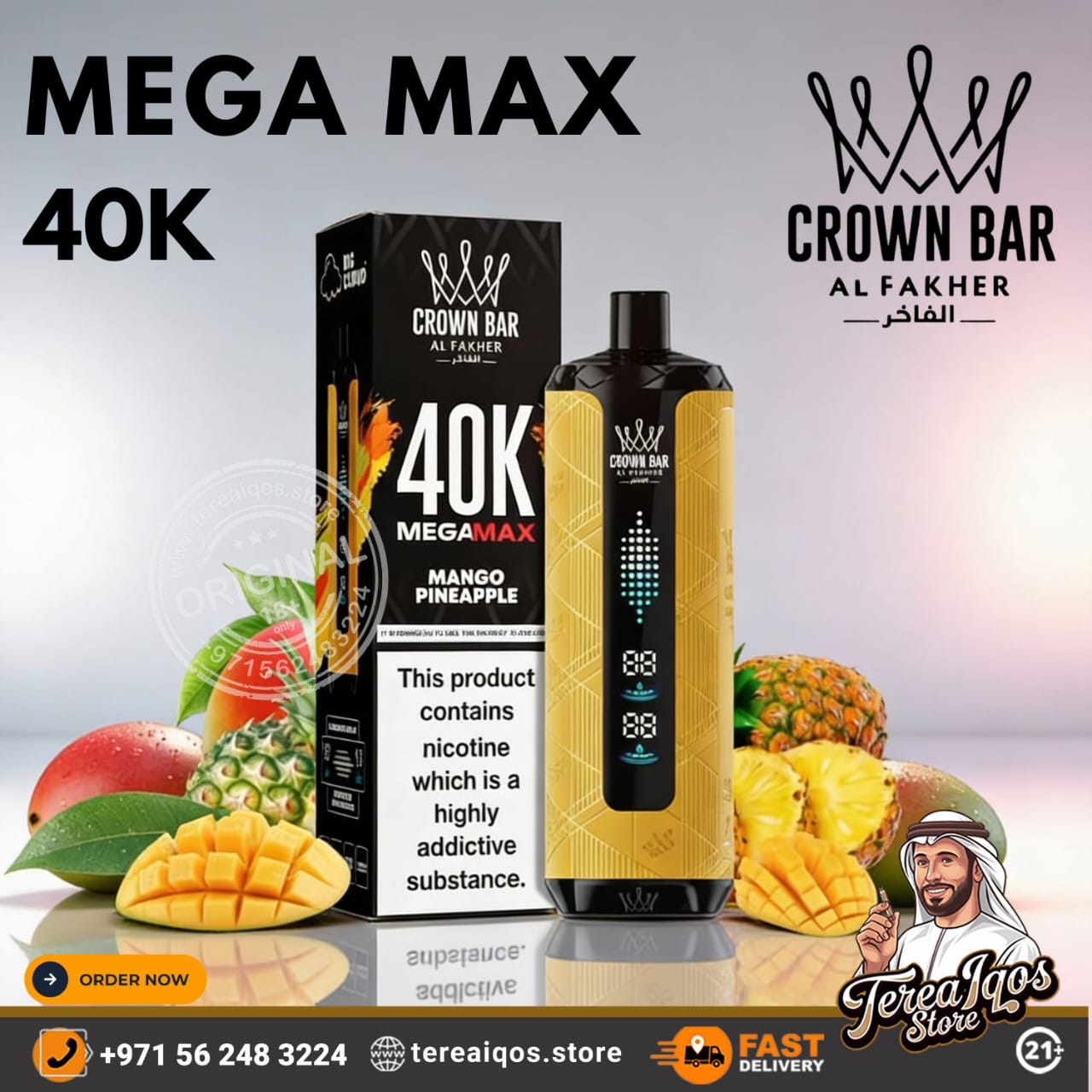 Crown Bar Mega Max 40K vape device with packaging and fruit on a gradient background
