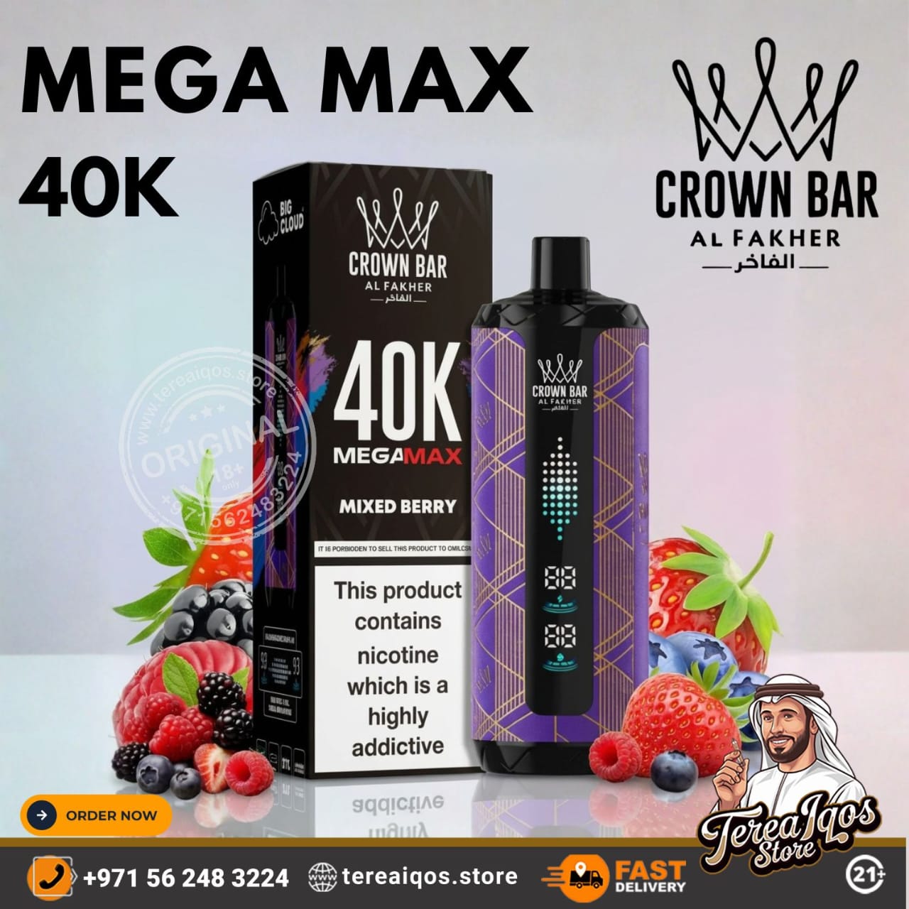 Crown Bar Mega Max 40K vape device and packaging with mixed berry flavor on a gradient background.