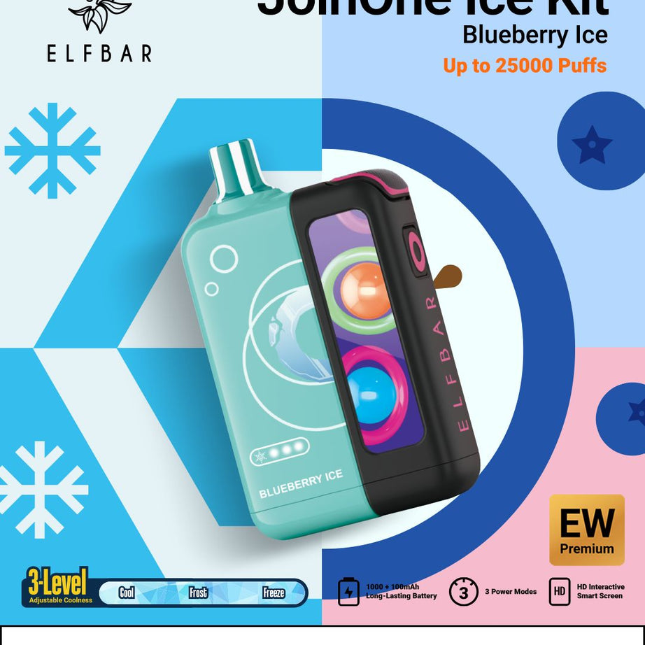 Elf Bar JoinOne Ice Kit packaging with blueberry ice flavor on a colorful geometric background.