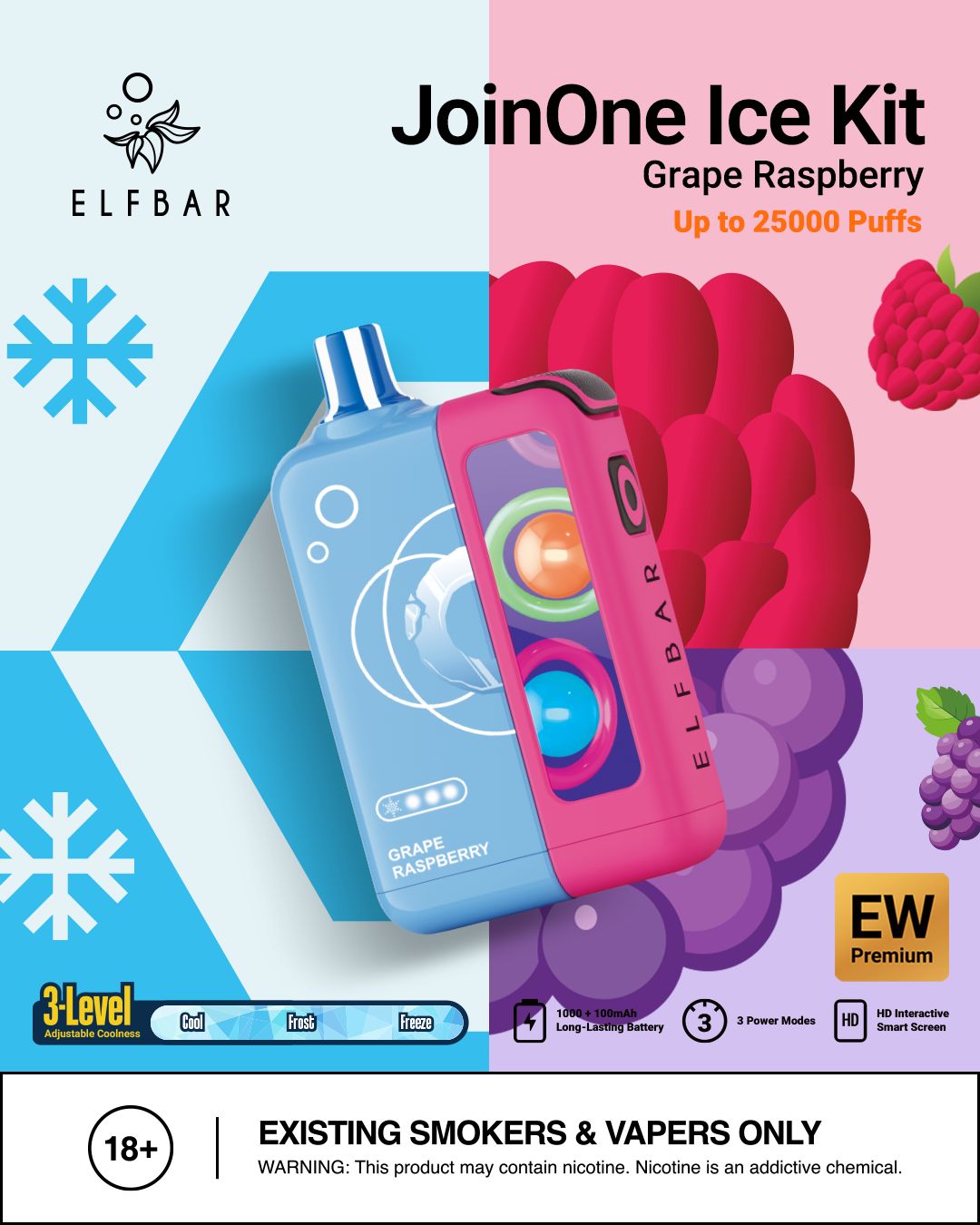 Elf Bar JoinOne Ice Kit packaging for grape raspberry flavor with product images and branding.